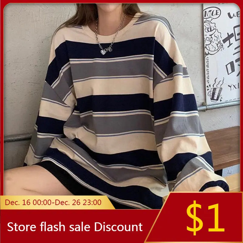 autumn Hoodies Striped Oversized Sweatshirt Women Harajuku Pullovers Korean Fashion Couples Matching Long Sleeve Tops Streetwear