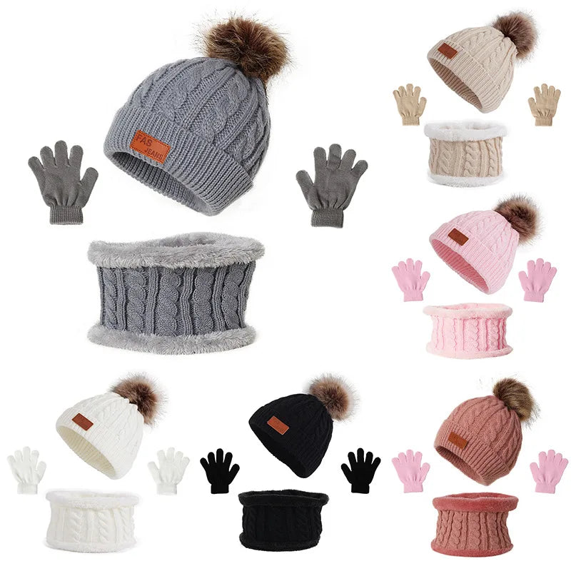 3PCS Set Baby Winter Hat Pompom Children Hat Knitted Cute Warm Cap Scarf Gloves Suit For Girl Boy Casual Solid Color Infant Hat