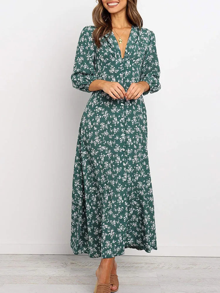 Women Chiffon Long Dress Floral Print Lantern Sleeve A-line Maxi Vestidos Autumn New Elegant Vintage V Neck Winter Dresses