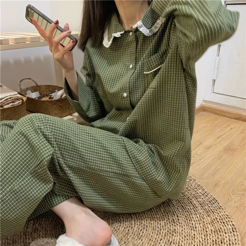 Plaid Casual Pajama Sets Women Single Breasted Ins Japan Turn-down Collar Nightwear Spring Fall Elastic Waist Homewear New Mujer