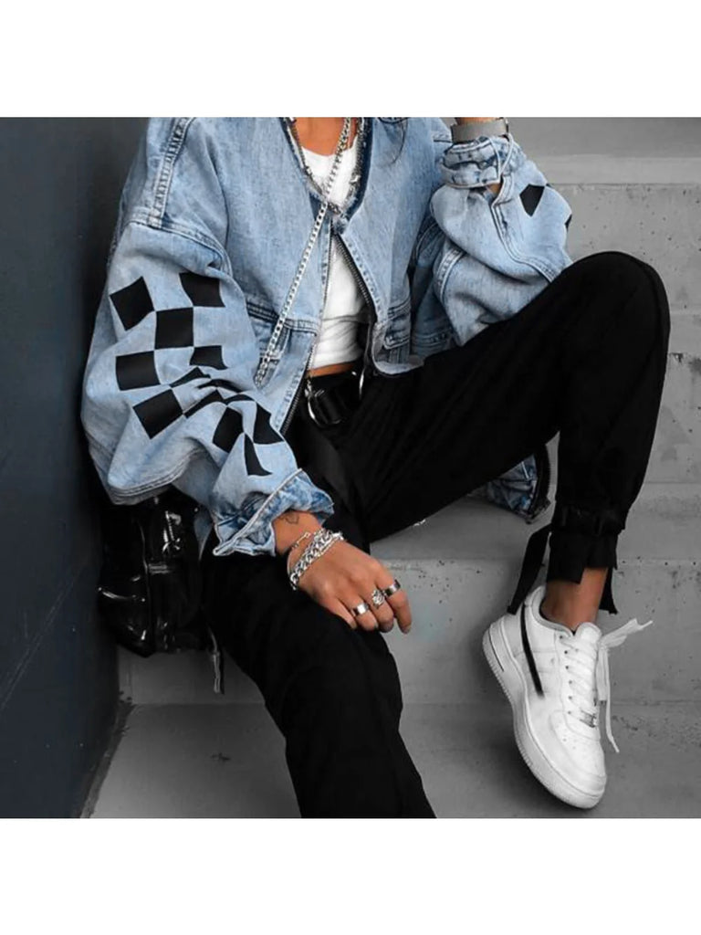 2020 Jean Jacket Women Denim Jackets Autumn Winter Loose Plaid Zipper Tops Streewear Hip Hop Coats Jackets Ladies Plus Size 5xl