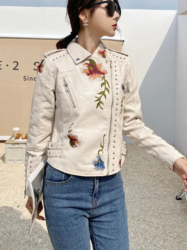 SHENGPALAE PU Leather Embroidered Rivet Coat Moto & Biker Streetwear Zipper Overcoat Women's Jackets 2023 Spring Clothes FR250