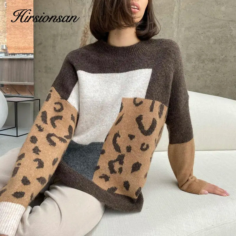 Hirsionsan Leopard Patchwork Cashmere Sweater Women Loose Casual Knitted Pullovers Autumn Soft Knitwear Female Retro Jumper