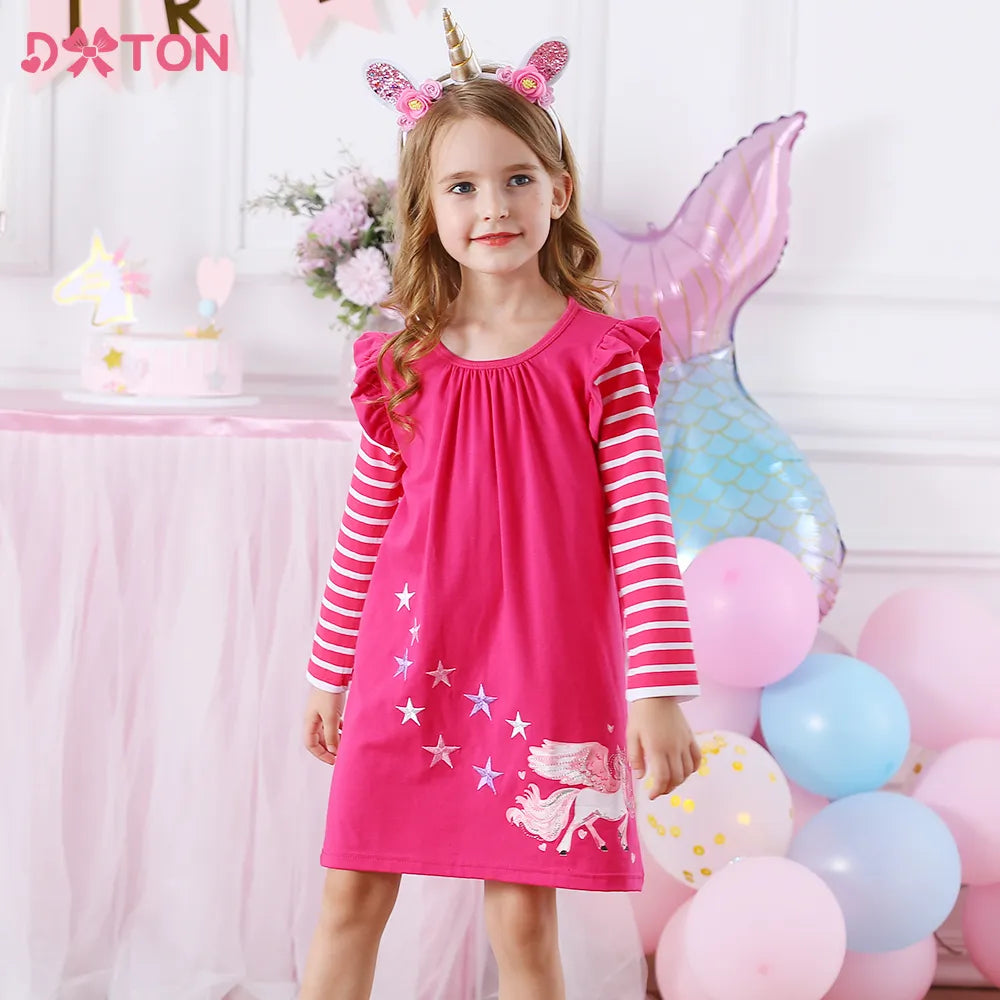 DXTON Winter Kids Dresses For Girls Flying Sleeve Unicorn Children Dress Star Stripe Toddler Cotton Clothing Causal Girls Dress