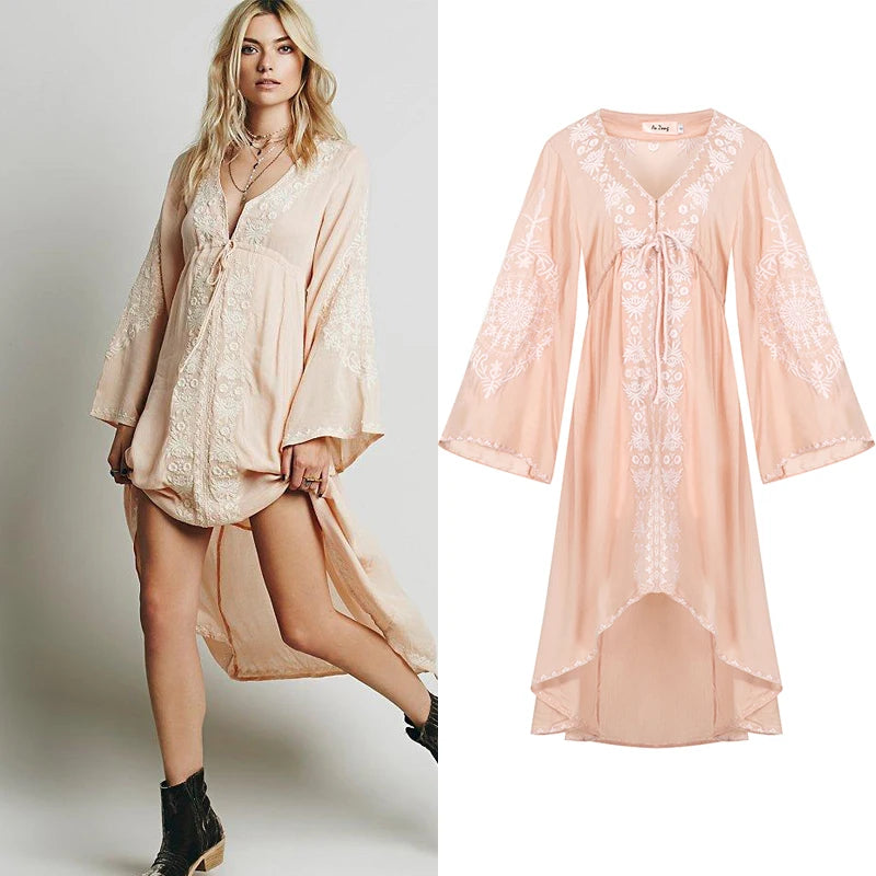 BOHO INSPIRED long boho dress V-Neck embroidery Spring summer dress cotton drawstring waist high low hem women dress hippie chic