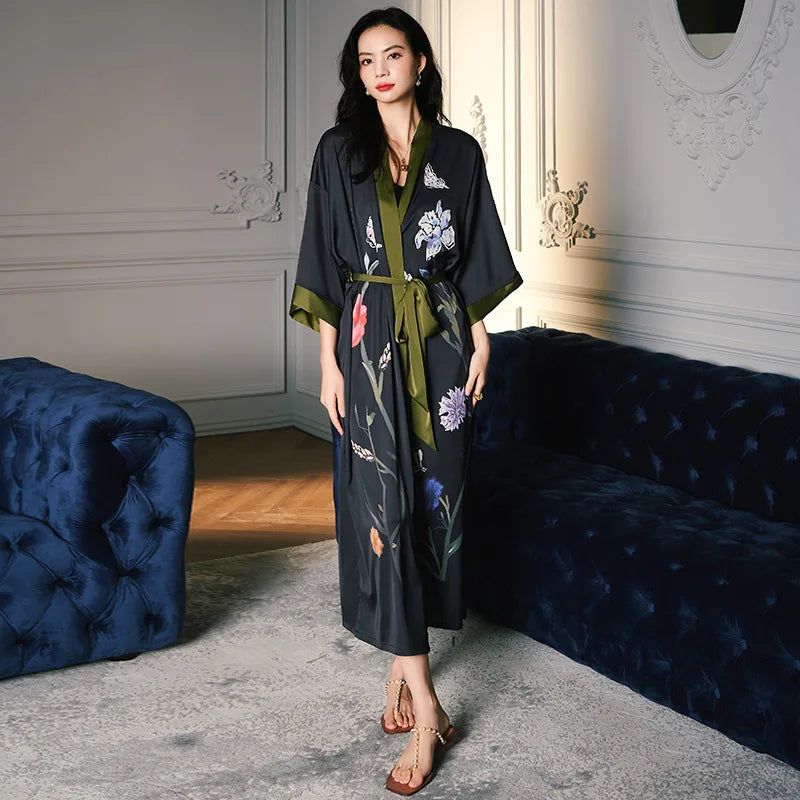 Black Print Flower Long Robe Nightgown Spring Summer Half Sleeve Kimono Bathrobe Gown Women Sexy Rayon Home Dress Loungewear