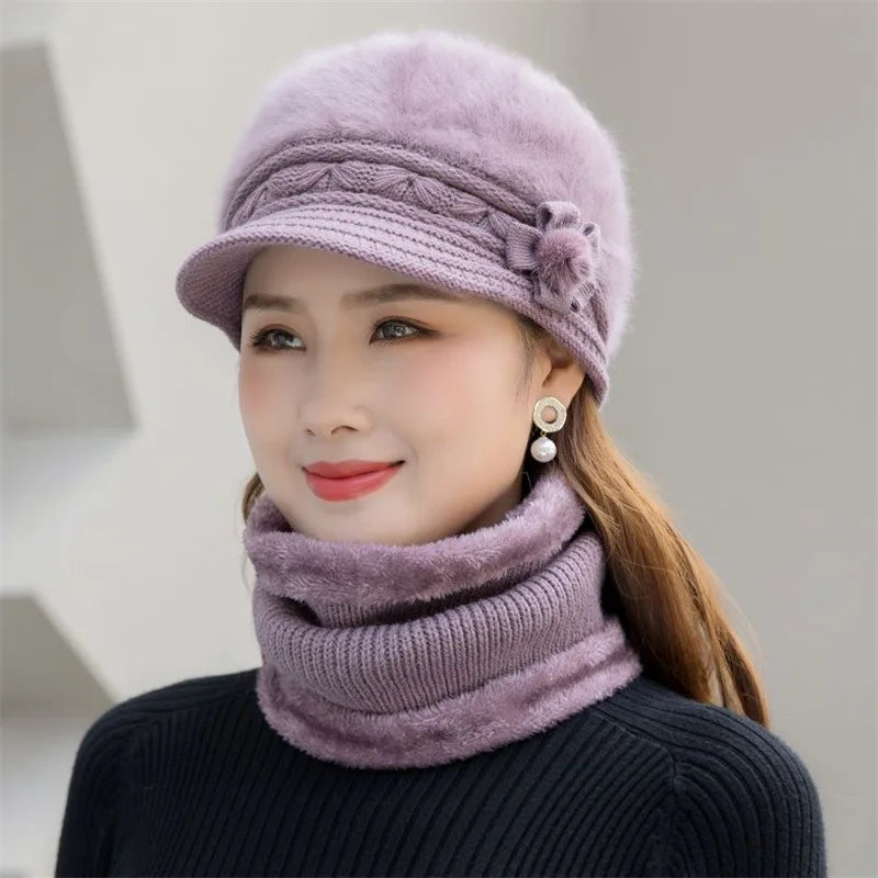 Women's fashion Warm hat scarf gloves winter warm knitting beret peaked cap thickened hat glove scarf Rabbit hair blend 3pc set