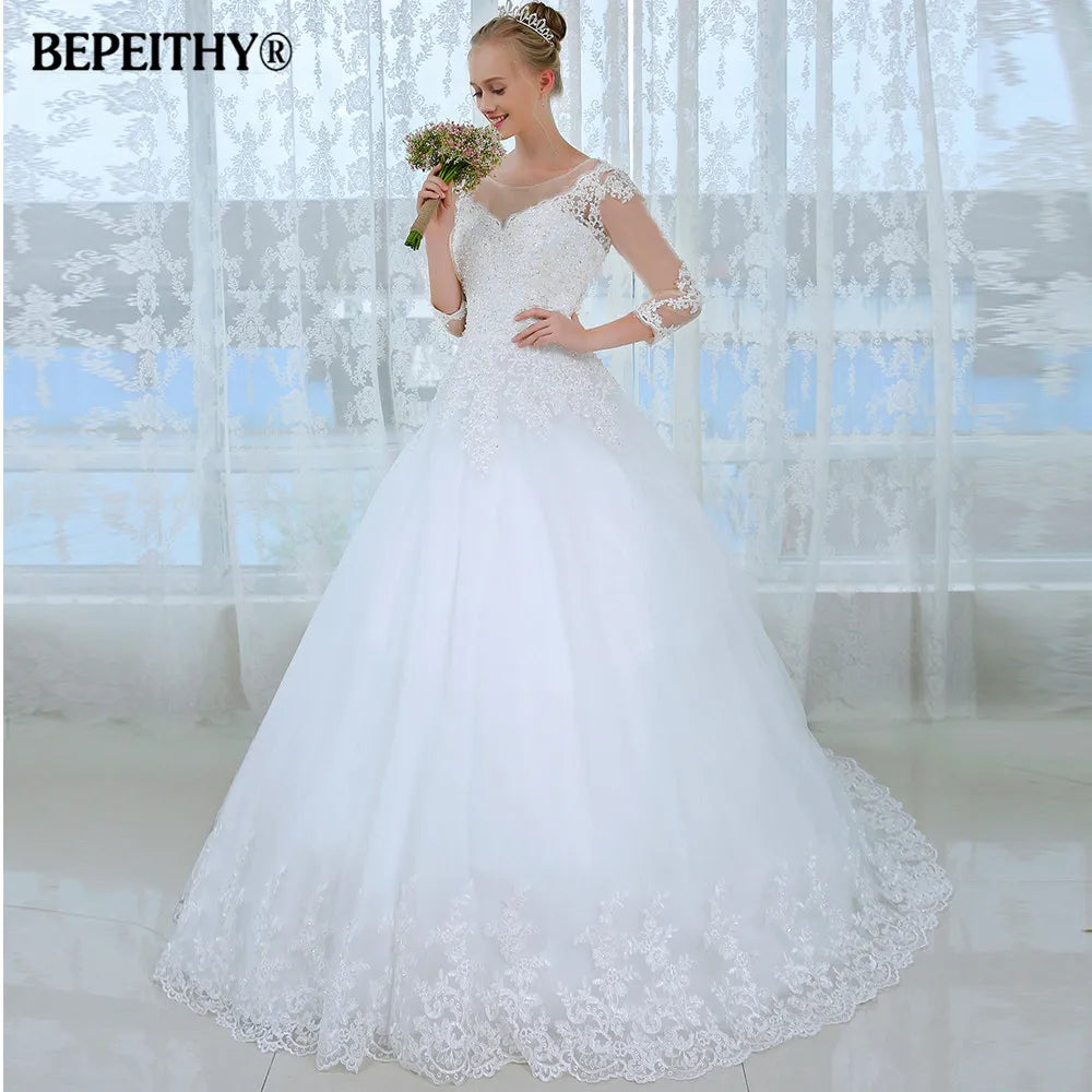 BEPEITHY Scoop-neck Three Quarter Sleeves Wedding Dresses For Women Bride White Lace Elegant Bridal Gown 2023 Vestidos De Novia