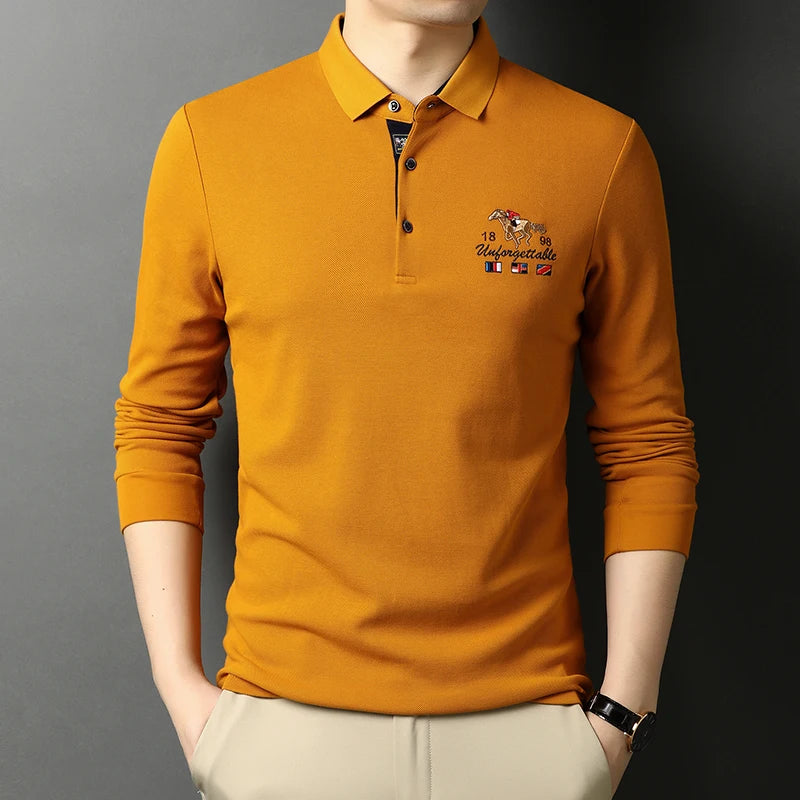 High-End Luxury New Men's Polo Shirts 100% Cotton Lapel Embroidery Korean Trend Fashion Casual Bottoming Long Sleeves 2023Autumn