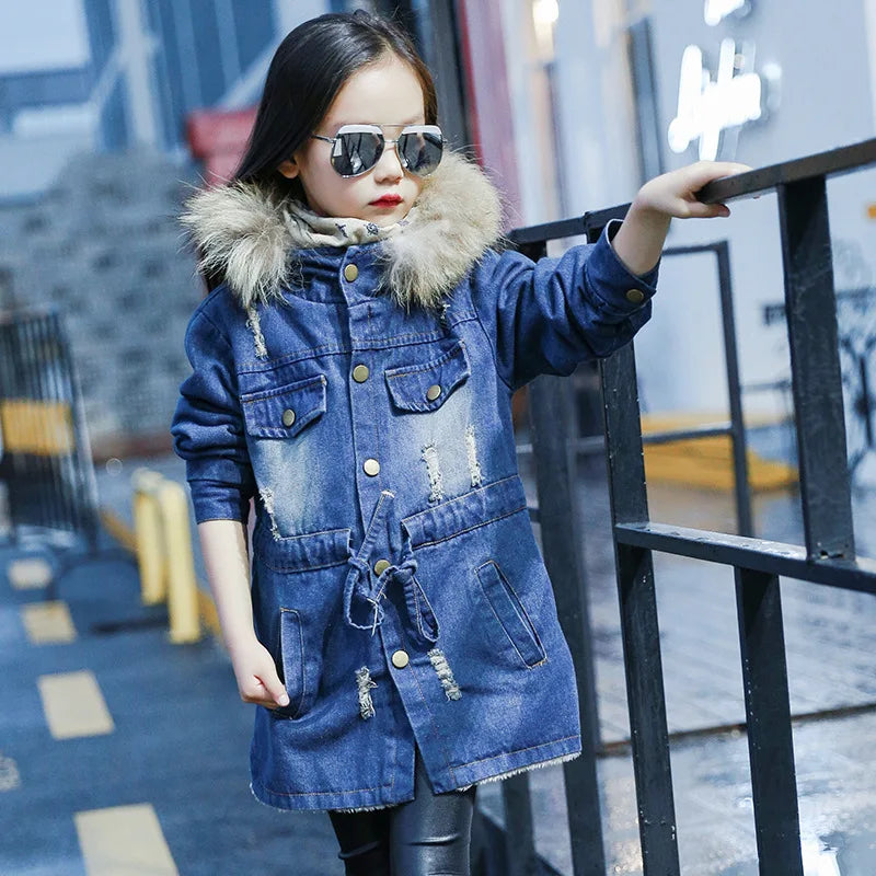 2023 Children kids girls denim jacket large fur collar cotton denim outerwear tops Autumn Winter Basic cowboy jacket for girls