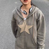 Hip Hop Zip Up Hoodie Vintage Star Patch Cotton Loose Sweatshirt Jacket Harajuku Gothic Long Sleeve Women Sweatshirt Y2k Clothes