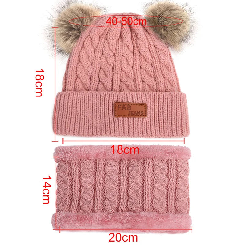 Beanies Baby Hat Pompom Winter Children Hat Knitted Cute Cap Scarf Gloves Suit For Girl Boy Casual Solid Color Hat Baby Beanies