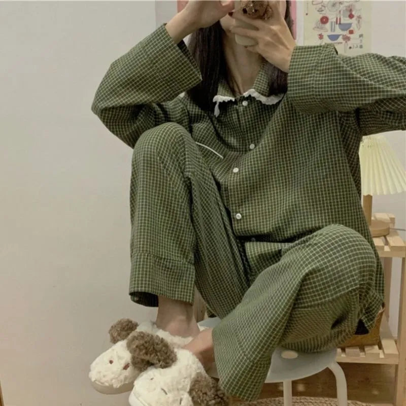 Plaid Casual Pajama Sets Women Single Breasted Ins Japan Turn-down Collar Nightwear Spring Fall Elastic Waist Homewear New Mujer