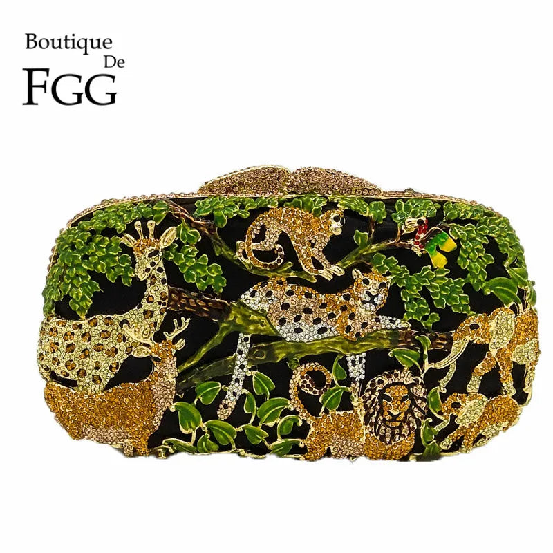 Boutique De FGG Rain Forest Jungle Women Crystal Animal Zoo Evening Bags Ladies Diamond Party Handbag Bridal Wedding Clutch Bag