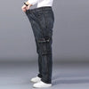 Men's High Waist Jeans Straight Large Size Dinem Trouser Male Black Jeans Side Multi Pocket Blue Loose Elastic Band Cargo Pants