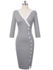 Nice-forever  Mature Elegant Sexy V-neck Stylish Button Work dress Office Bodycon Female 3/4 Sleeve Sheath Woman Dress B335