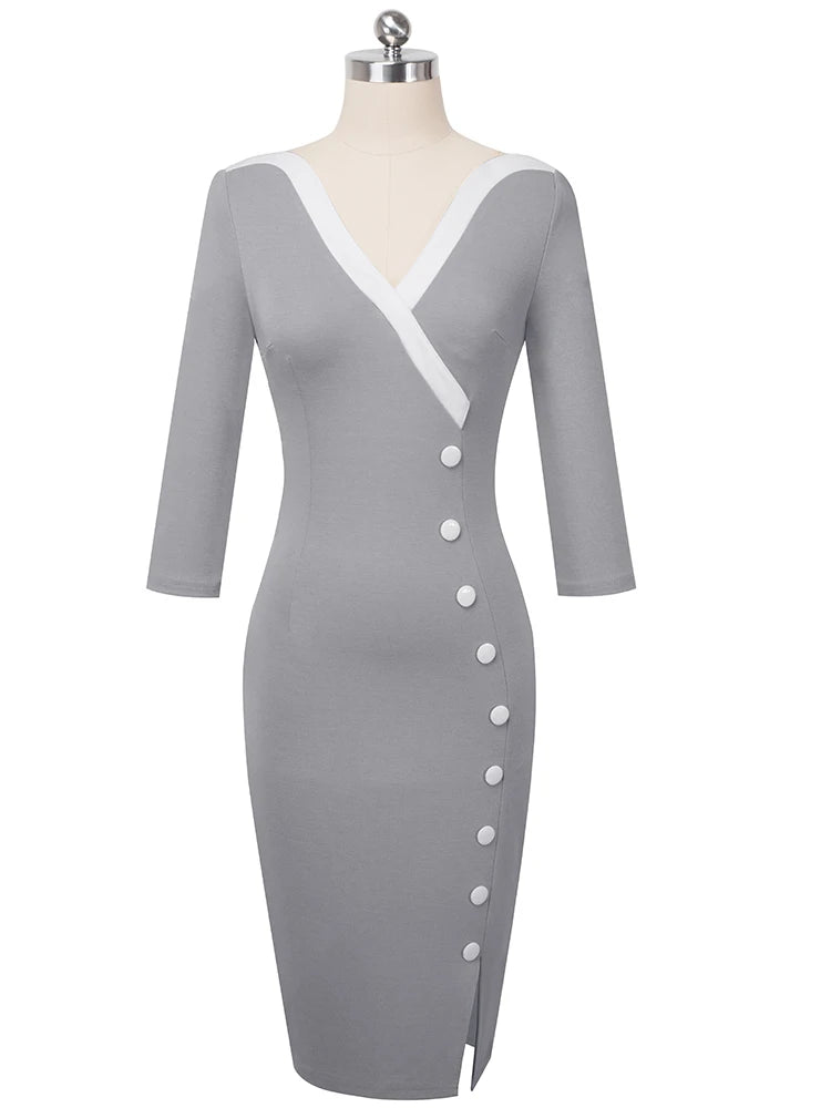 Nice-forever  Mature Elegant Sexy V-neck Stylish Button Work dress Office Bodycon Female 3/4 Sleeve Sheath Woman Dress B335