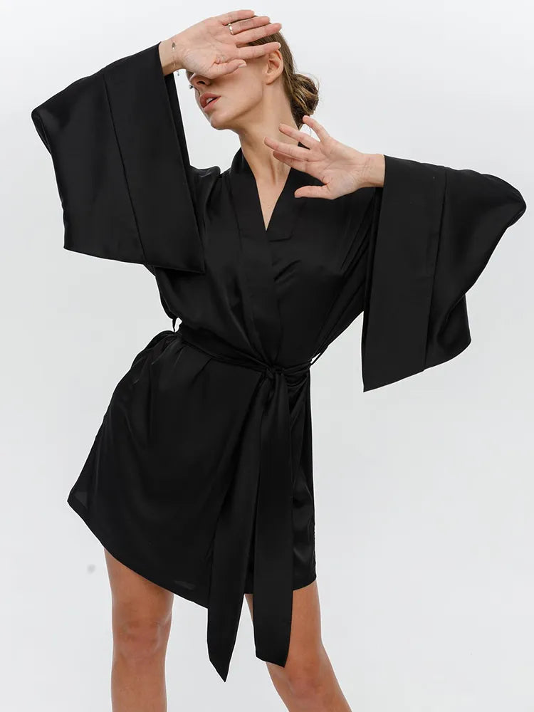 Hiloc Sexy Women's Dressing Gown Flare Sleeve Bathrobe Female Black Loose Robes Women V-Neck Women's Nightwear With Sashes 2022