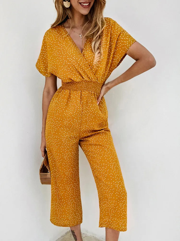 Lossky Women Jumpsuits Rompers Summer Casual Print V-neck Pocket Overalls Jumpsuit Short Sleeve Wide Leg Loose Jumpsuit