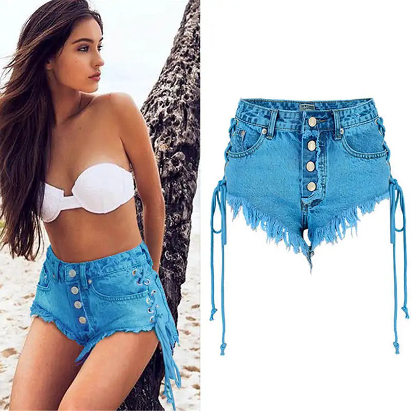 LOGAMI Highwaisted Mini Jeans Shorts Women Both Side Tie Mini Short Sexy Denim Shorts Jeans