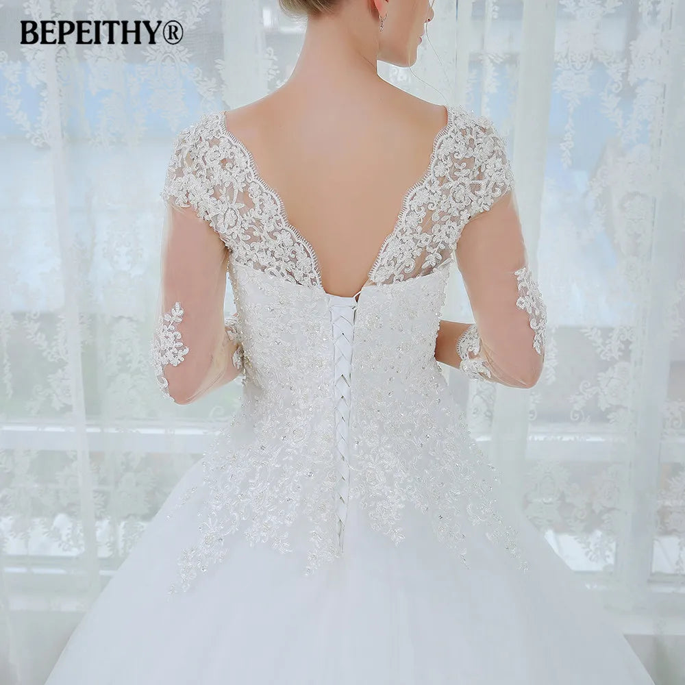 BEPEITHY Scoop-neck Three Quarter Sleeves Wedding Dresses For Women Bride White Lace Elegant Bridal Gown 2023 Vestidos De Novia