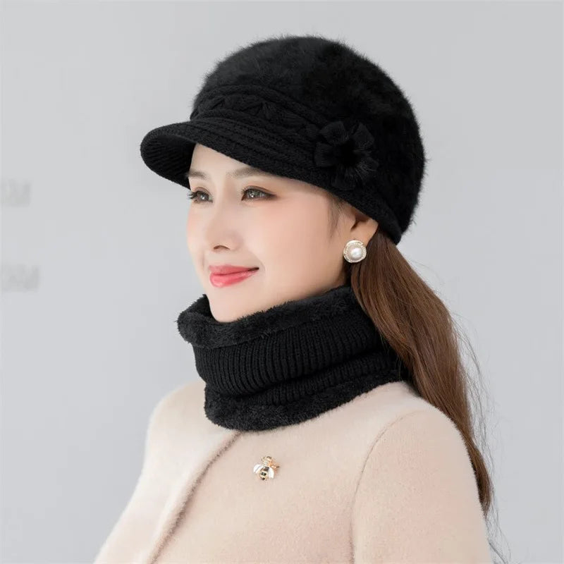 Women's fashion Warm hat scarf gloves winter warm knitting beret peaked cap thickened hat glove scarf Rabbit hair blend 3pc set