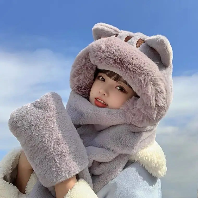 New Korean Hooded Bear Beanie Lady Winter Hats Big Fur Scarf Warm Thick Hat For Women Soft Gloves Kitten Three-Pece Cap Ski Hat