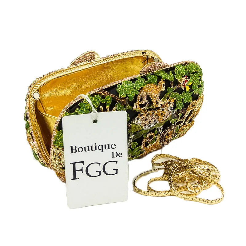 Boutique De FGG Rain Forest Jungle Women Crystal Animal Zoo Evening Bags Ladies Diamond Party Handbag Bridal Wedding Clutch Bag