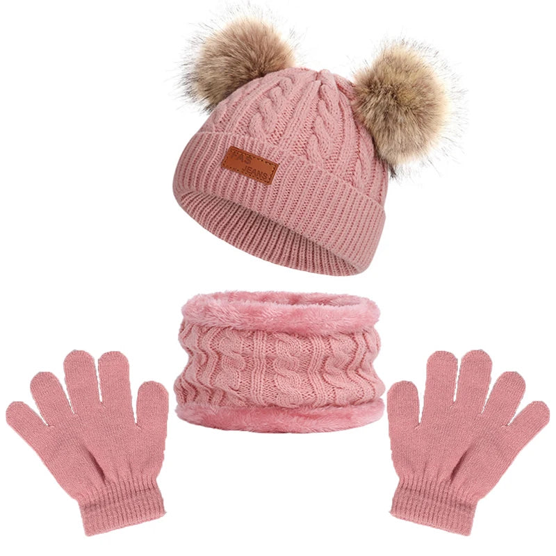 Beanies Baby Hat Pompom Winter Children Hat Knitted Cute Cap Scarf Gloves Suit For Girl Boy Casual Solid Color Hat Baby Beanies