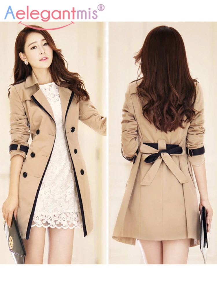 Aelegantmis 2023 Autumn Women Double Breasted Long Trench Coat Khaki With Belt Classic Casual Office Lady Business Outwear Fall