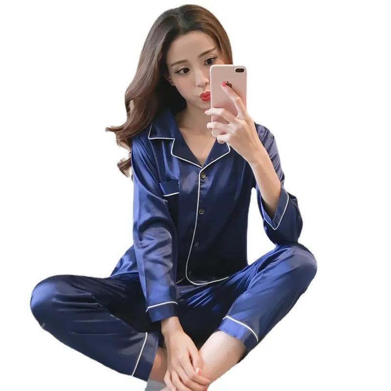 Silk Satin Pajamas for Womens Pyjamas Set Long Sleeve Sleepwear Women Pajamas Suit Female Two Piece Set Loungewear Plus Size