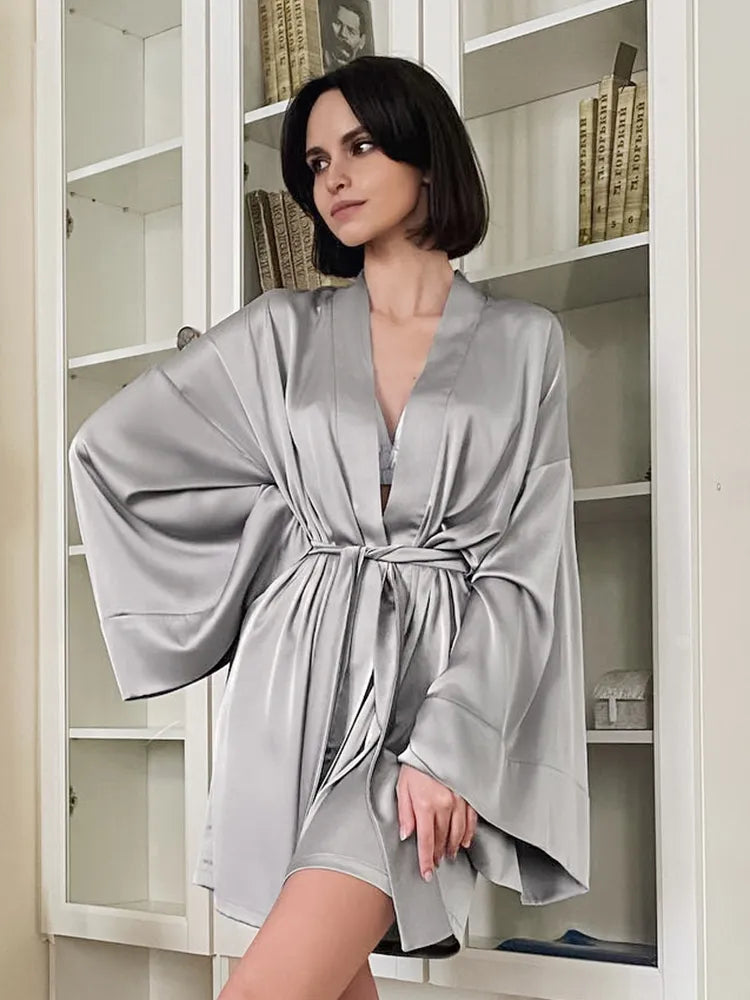 Hiloc Sexy Women's Dressing Gown Flare Sleeve Bathrobe Female Black Loose Robes Women V-Neck Women's Nightwear With Sashes 2022