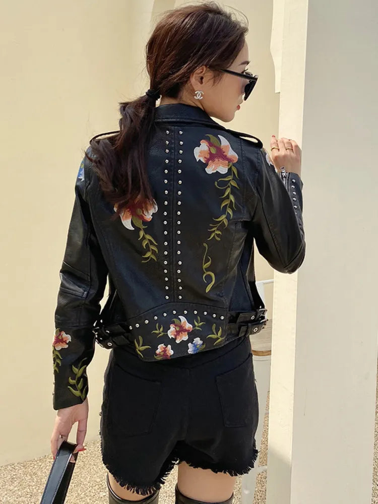 SHENGPALAE PU Leather Embroidered Rivet Coat Moto & Biker Streetwear Zipper Overcoat Women's Jackets 2023 Spring Clothes FR250