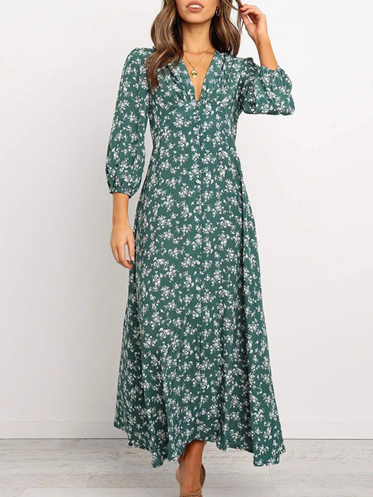 Women Chiffon Long Dress Floral Print Lantern Sleeve A-line Maxi Vestidos Autumn New Elegant Vintage V Neck Winter Dresses