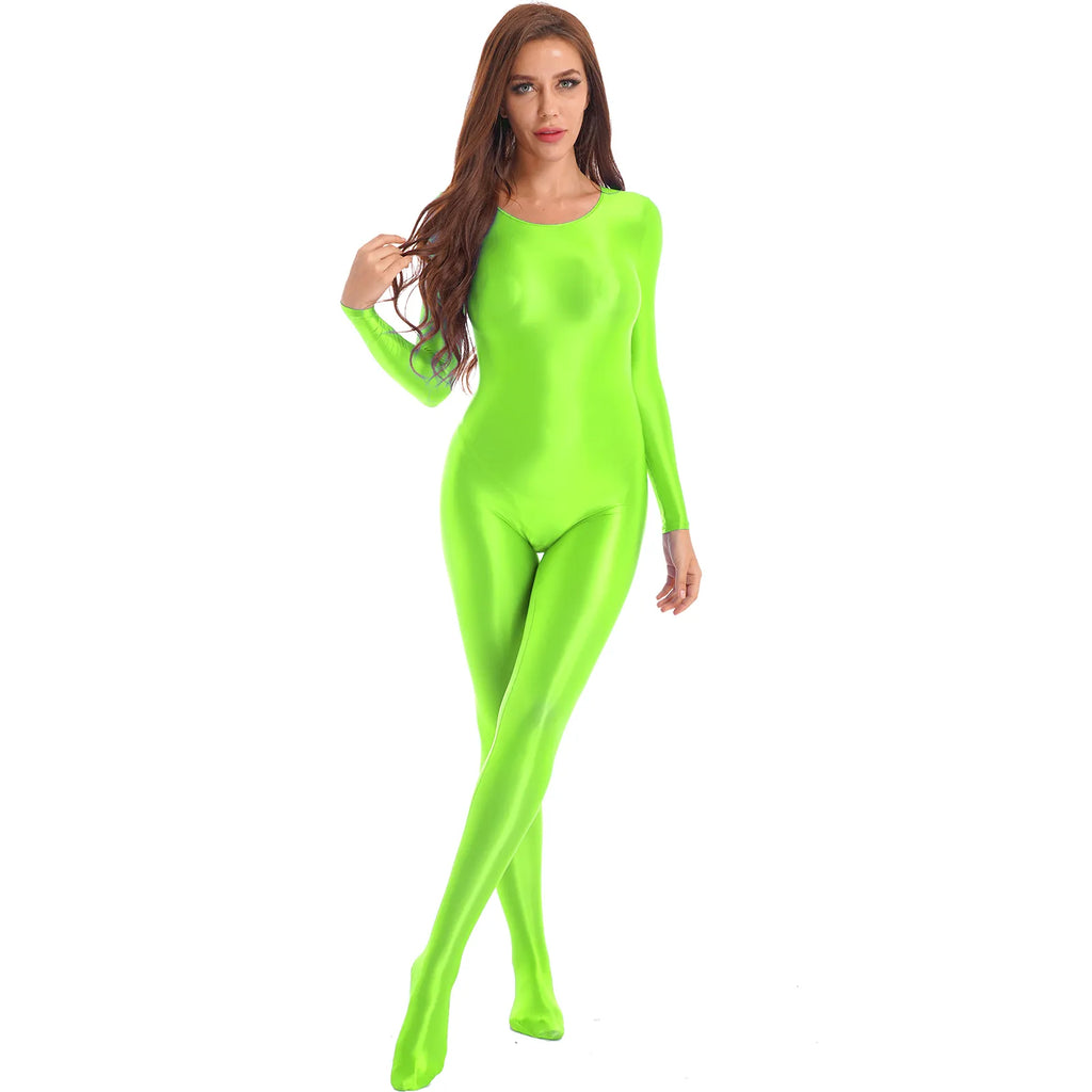 9 Colors Sexy Women Glossy Swimsuit Swimwear Long Sleeve Teddies Bodysuit Bodystockings Silky Full Body Suit Jumpsuit Rash Guard