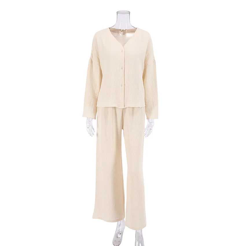 Khaki Pure Cotton Sleepwear V Neck Single Breasted Wide Leg Pants Trouser Suits Drop Sleeves Set Woman 2 Pieces Loungewear