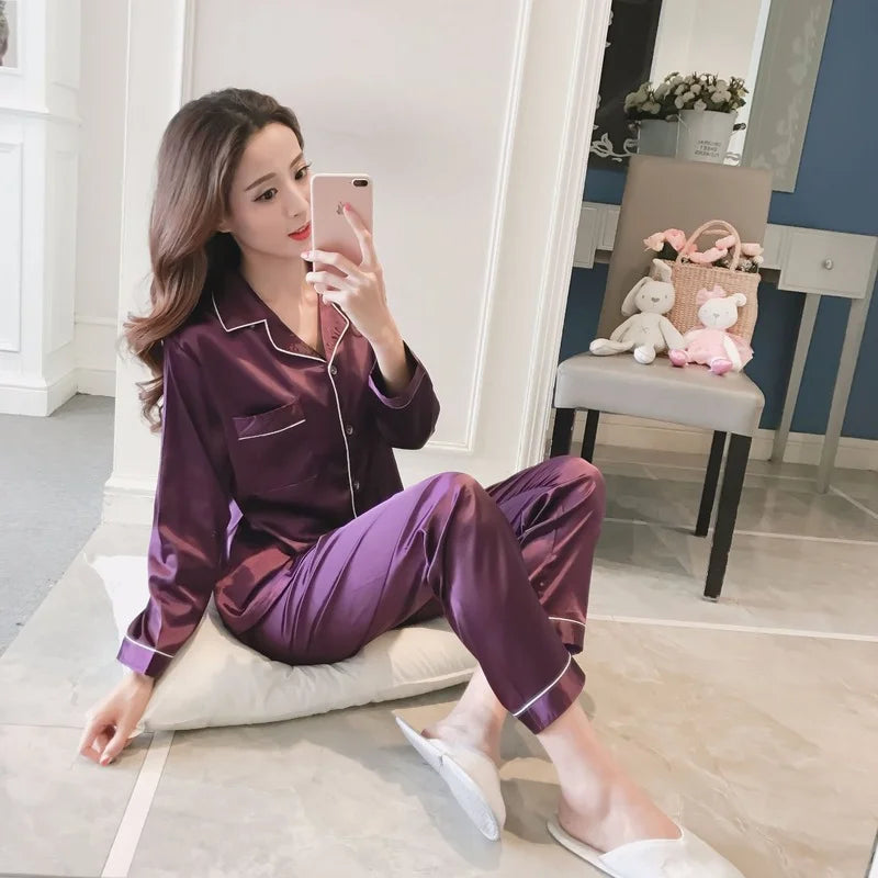 Silk Satin Pajamas for Womens Pyjamas Set Long Sleeve Sleepwear Women Pajamas Suit Female Two Piece Set Loungewear Plus Size