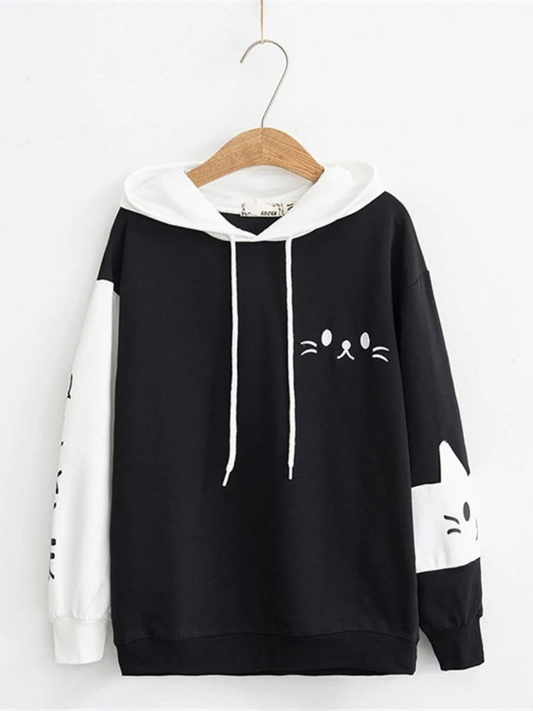 MERRY PRETTY Women Hooded Sweatshirts Fall Winter Long Sleeve Hit Color Pullover Femme Cartoon Cat Embroidery Harajuku Hoodies