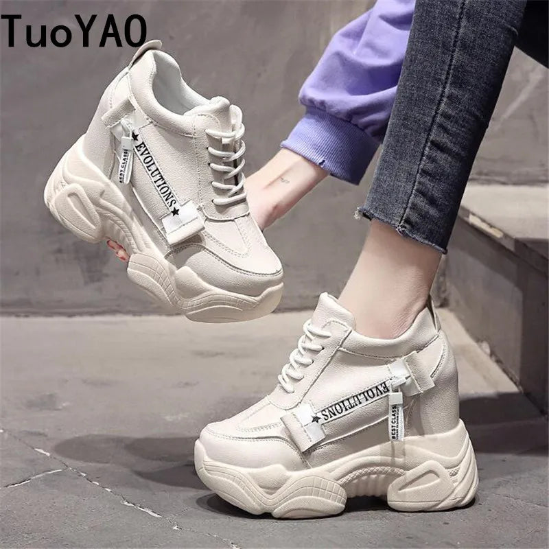 Women's Shoes Platform Sneakers New Women Leather Chunky Dad Shoes 12CM Trainers Ladies Sports Vulcanized Shoes Zapatillas Mujer