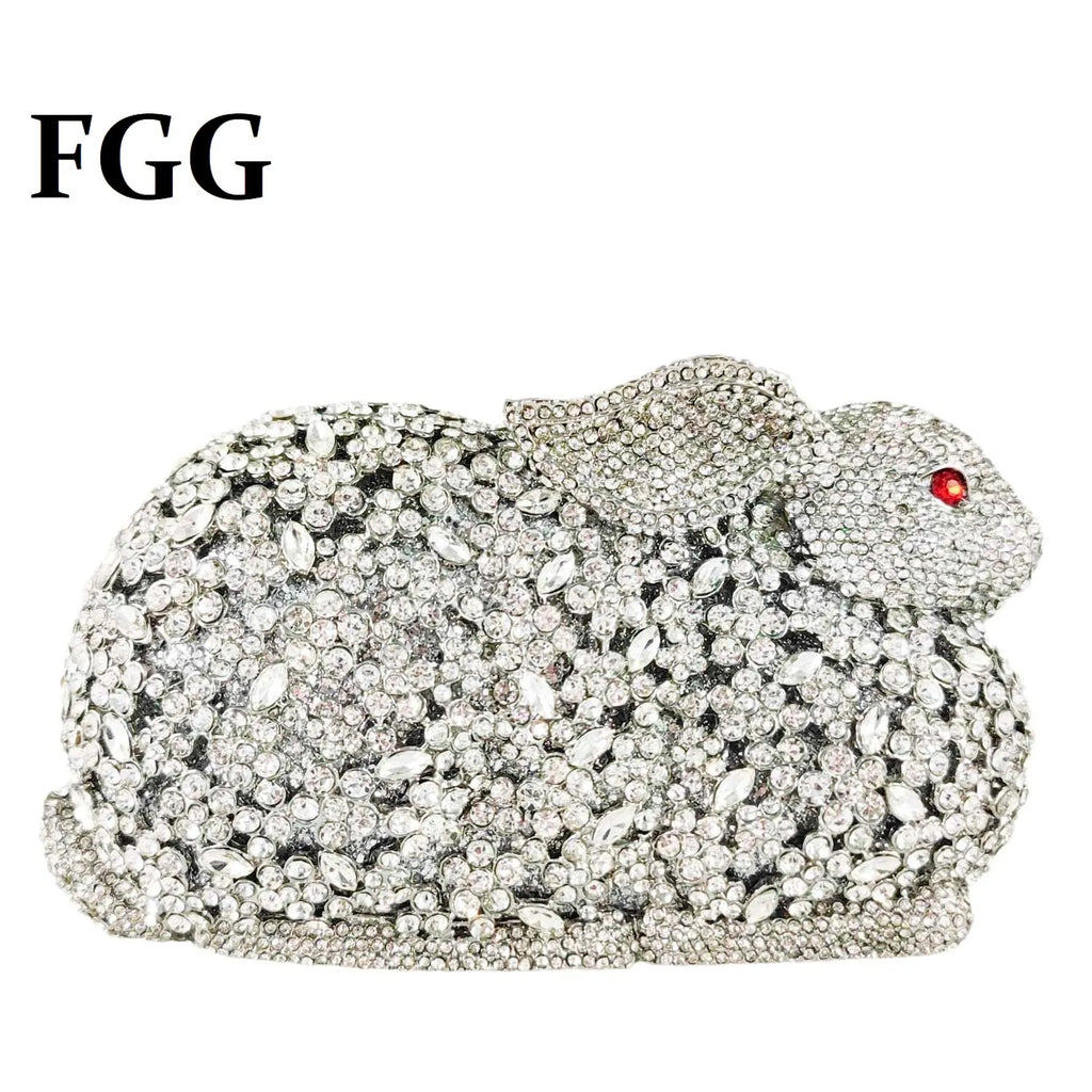 Boutique De FGG Rabbit Bunny Women Crystal Evening Bags and Clutches Formal Party Dinner Rhinestone Minaudiere Purse and Handbag