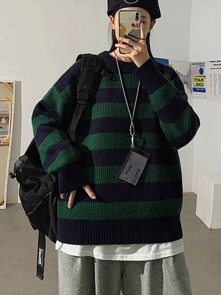 Autumn Winter Knitted Striped Sweater Women Casual Oversized Pullovers Sweaters Loose Warm Jumper Streetwear Teen Knitwear