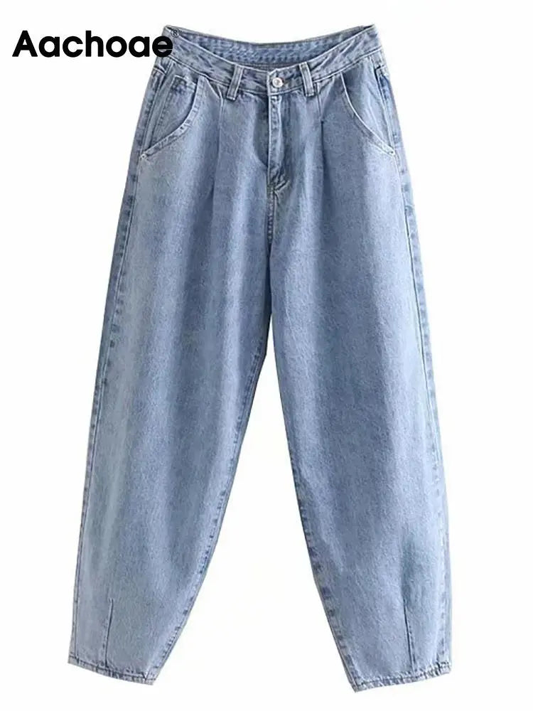 Aachoae Women Blue Harem Jeans Loose mom Jeans High Waist Streetwear Boyfriends Washed Denim Long Trousers Bottoms Slouchy Jeans