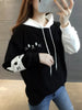 MERRY PRETTY Women Hooded Sweatshirts Fall Winter Long Sleeve Hit Color Pullover Femme Cartoon Cat Embroidery Harajuku Hoodies