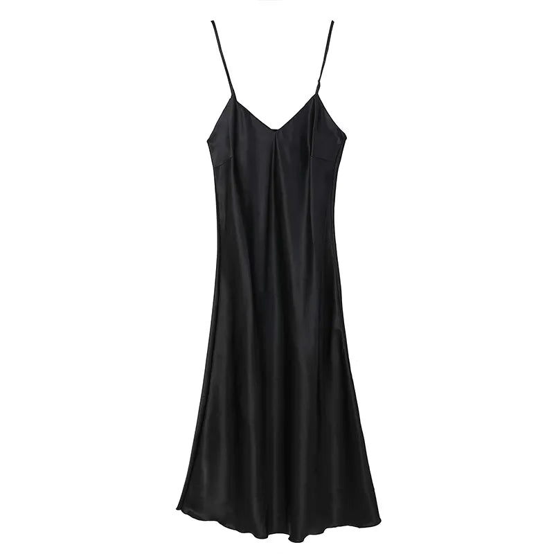 Women&#39;s Satin Nightgown Long Slip Sleep Dress Silk V Neck Sleepwear Solid Color Nightwear