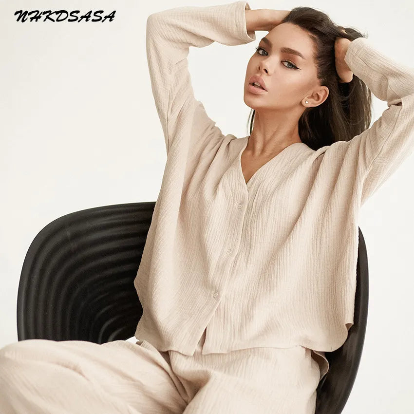 Khaki Pure Cotton Sleepwear V Neck Single Breasted Wide Leg Pants Trouser Suits Drop Sleeves Set Woman 2 Pieces Loungewear