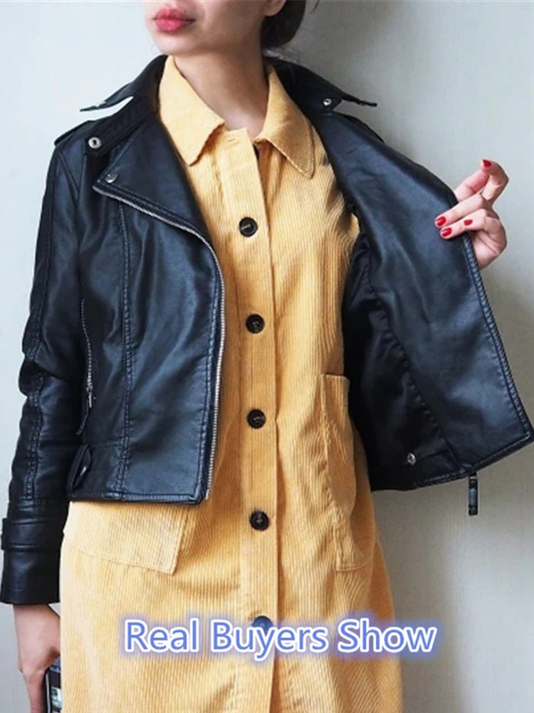 Aelegantmis Casual PU Leather Jacket Women Classic Zipper Short Motorcycle Jackets Lady Autumn Winter Basic Leather Coat Black