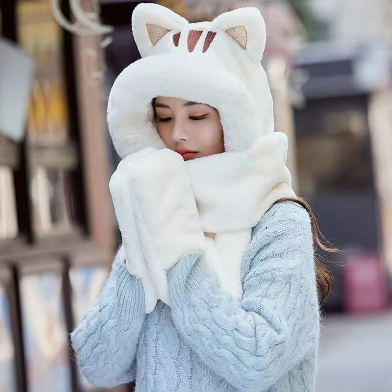 New Korean Hooded Bear Beanie Lady Winter Hats Big Fur Scarf Warm Thick Hat For Women Soft Gloves Kitten Three-Pece Cap Ski Hat