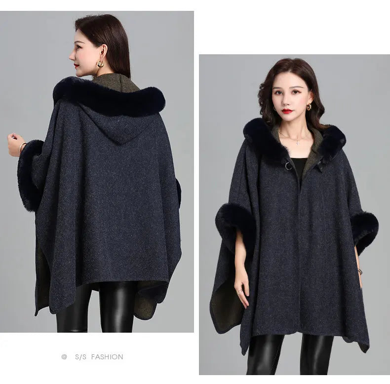 Women Winter Faux Rabbit Fur Batwing Sleeves Poncho Cloak Warm Thick Horn Buckle Big Pendulum Outstreet Loose Coat With Hat