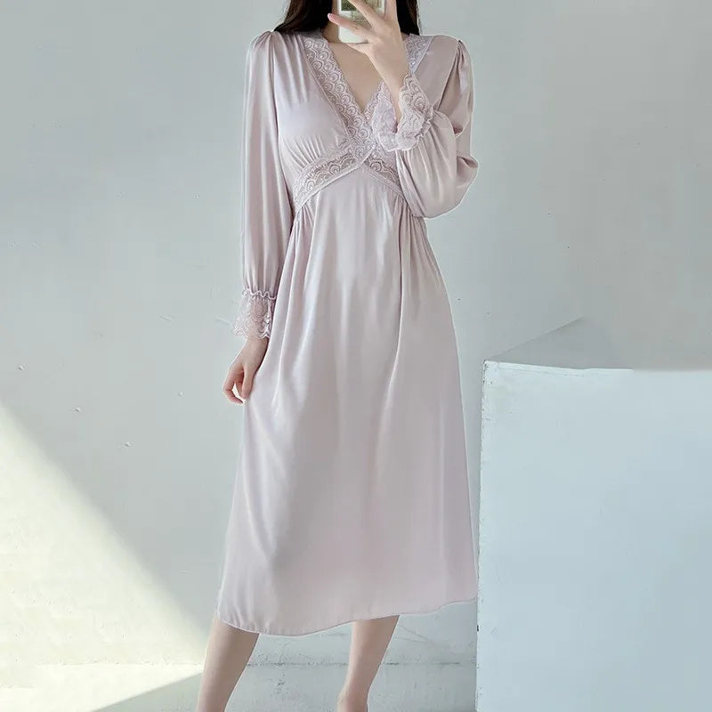 Female Long Nightdress Sexy Hollow Lace Sleepwear Home Dress Palace Style Princess Nightgown Nightwear Casual Satin Loungewear