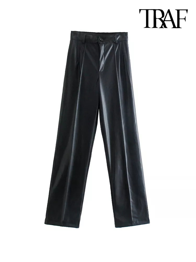 TRAF Women Fashion Faux Leather Straight Pants Vintage High Waist Zipper Fly Female Trousers Mujer